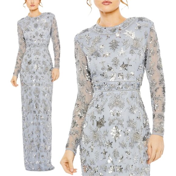 Mac Duggal 93939 Womens Size 12 Blue Silver Long Sleeve Beaded Column Gown Dress